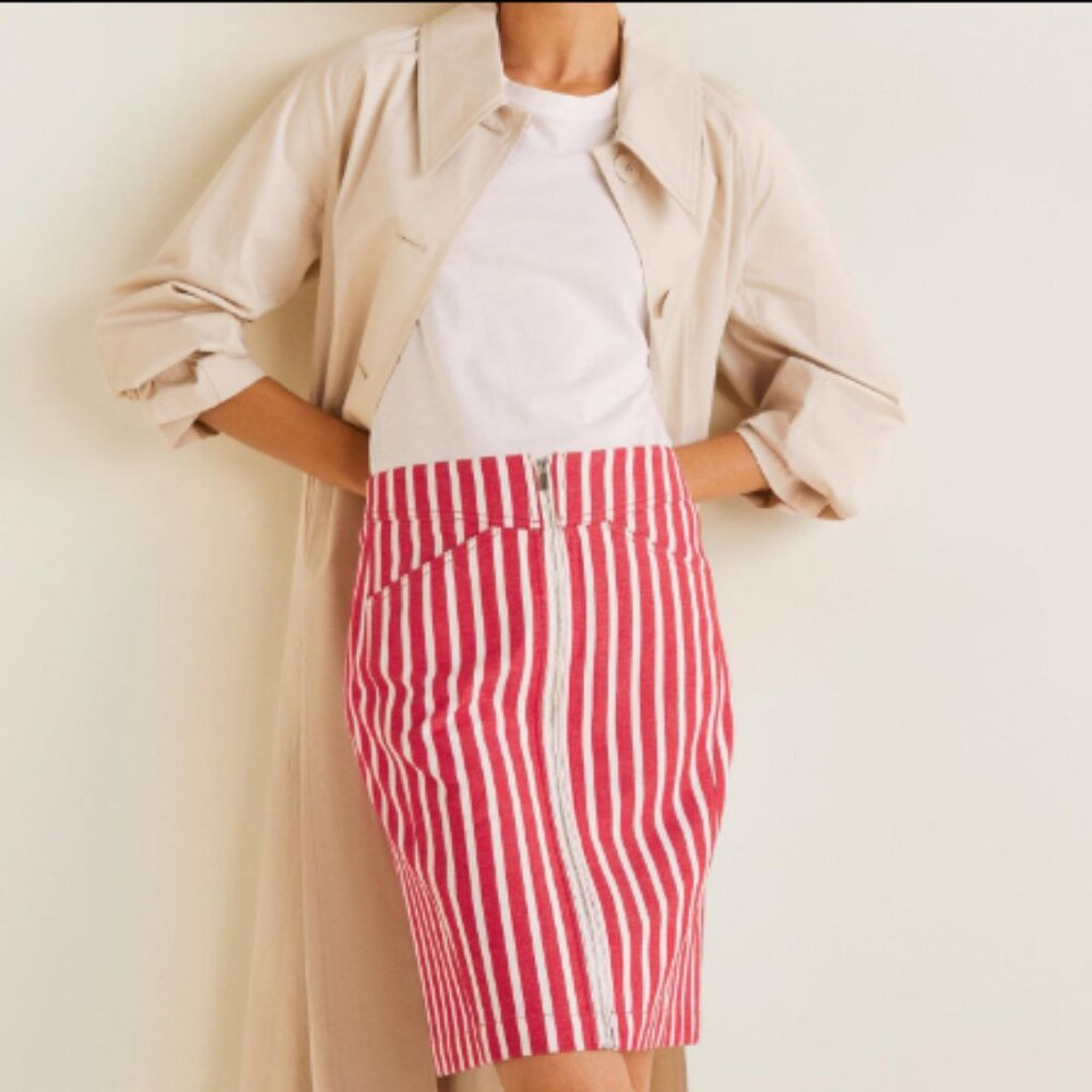 NEW MANGO Linen-Cotton Denim Striped Pencil Skirt